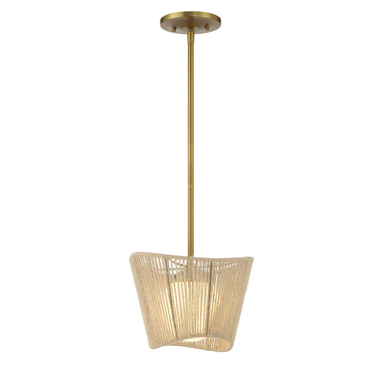 Key Largo 1 Light Mini Pendant in Soft Brass Finish with Rope Shade and Etched Opal Glass - Minka-Lavery