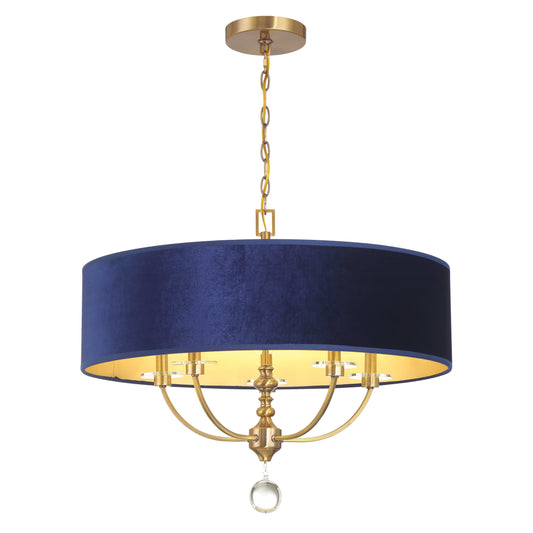 Van Noord 5 Light Pendant in Oxidized Aged Brass with Blue Velvet Shade and Decorative Crystal Ball - Minka-Lavery