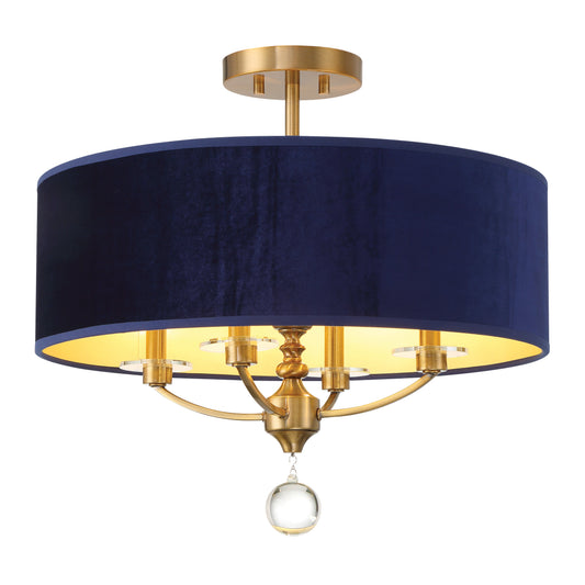 Van Noord 4 Light Semi Flush in Oxidized Aged Brass with Blue Velvet Shade and Decorative Crystal Ball - Minka-Lavery