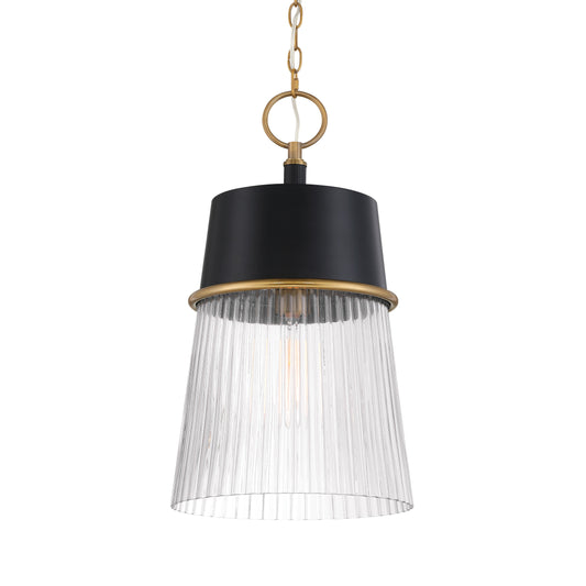 Stamford 1-Light Pendant - Dark Matte Black and Legacy Brass with Clear Ribbed Glass - Minka-Lavery