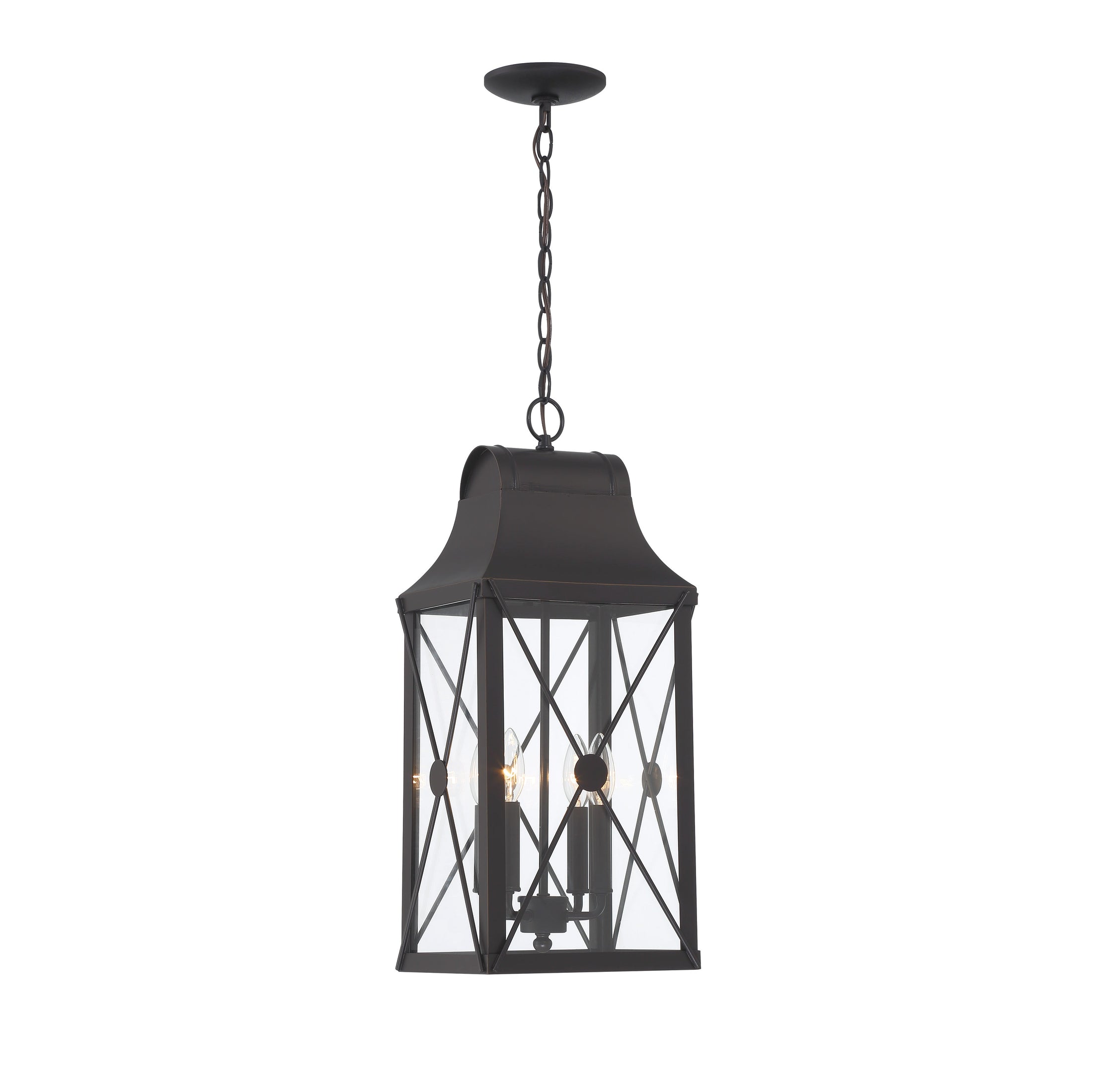De Luz 4 Light Outdoor Chain Hung Lantern in Oil Rubbed Bronze with Gold Highlights Finish and Clear Glass - Minka-Lavery