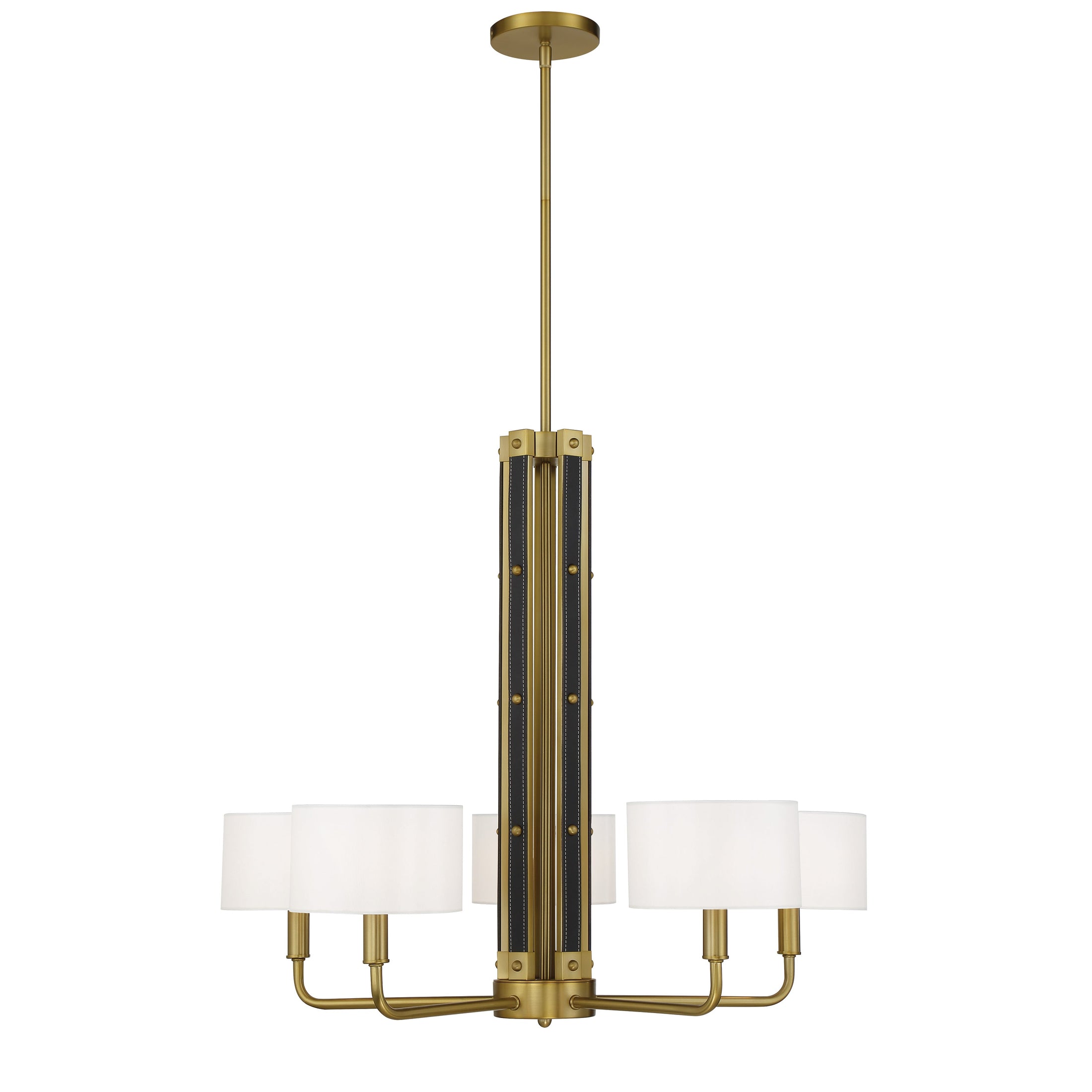 Chelsea by Robin Baron 5 Light Chandelier in Soft Brass Finish with White Silk Shades and Leather Accents, a Robin Baron Design - Minka-Lavery