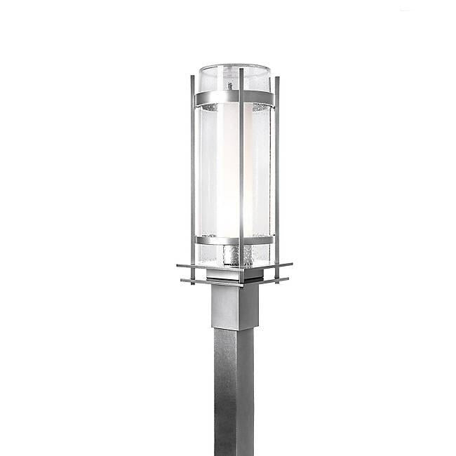 Banded Seeded Glass Outdoor Post Light - Coastal Burnished Steel Finish