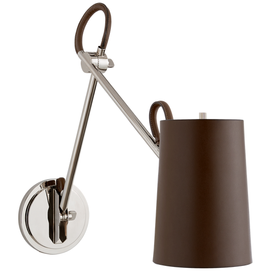 Benton Double Library Sconce - Polished Nickel/Chocolate Leather Shade