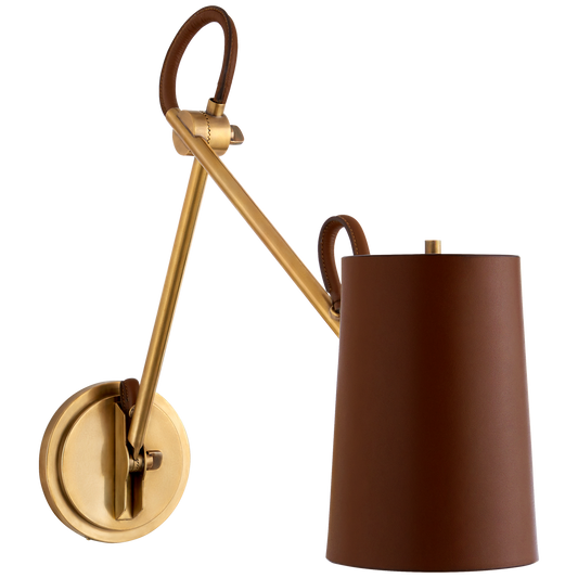 Benton Double Library Sconce - Natural Brass/Saddle Leather Shade