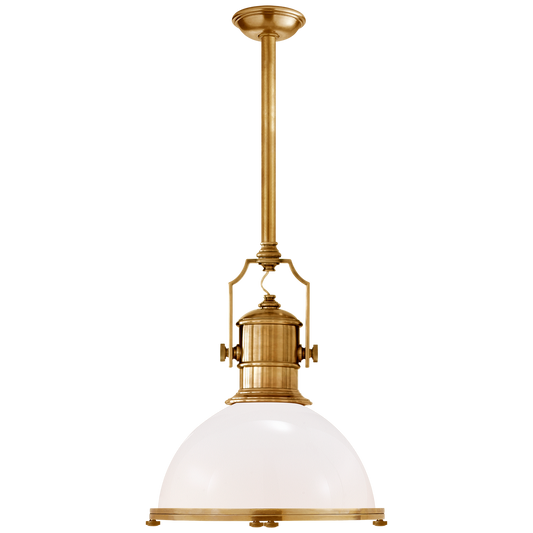 Country Industrial Large Pendant - Antique-Burnished Brass Finish White Glass