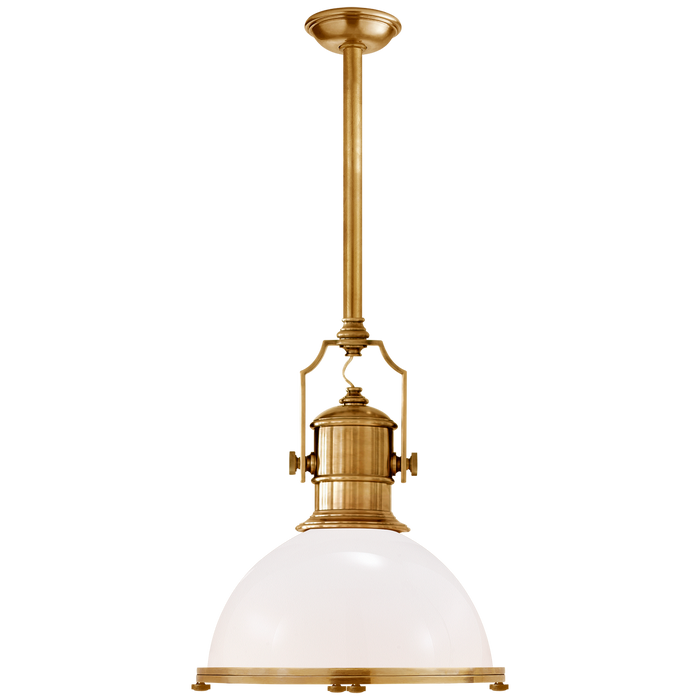 Country Industrial Large Pendant - Antique-Burnished Brass Finish White Glass