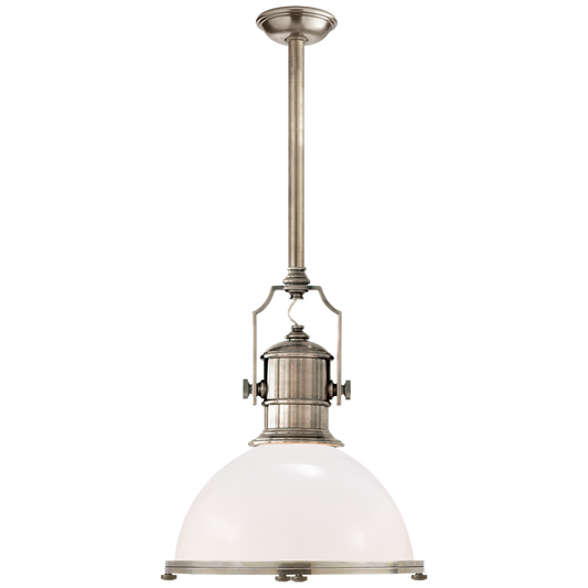 Country Industrial Large Pendant - Antique Nickel Finish White Glass