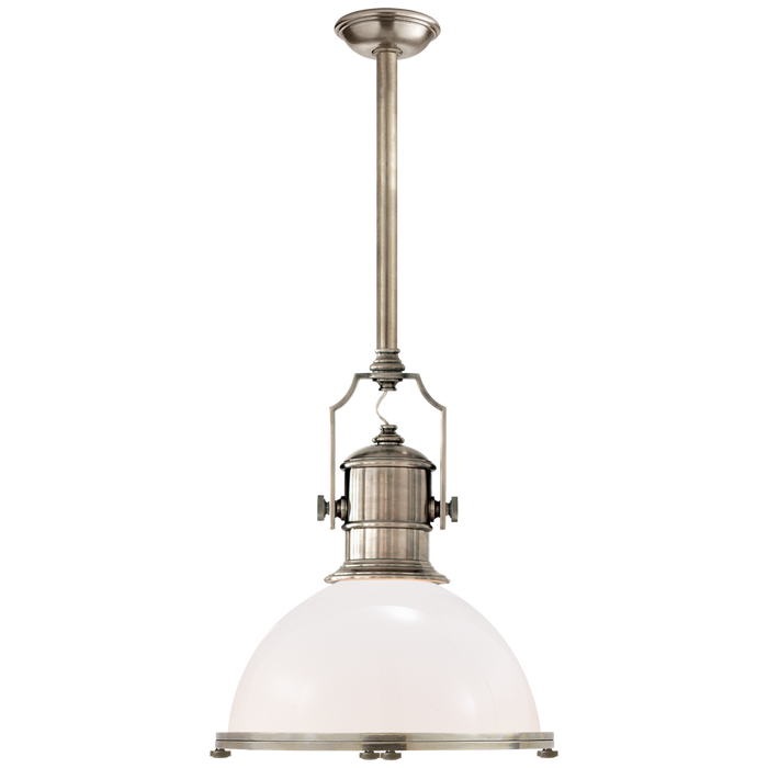 Country Industrial Large Pendant - Antique Nickel Finish White Glass