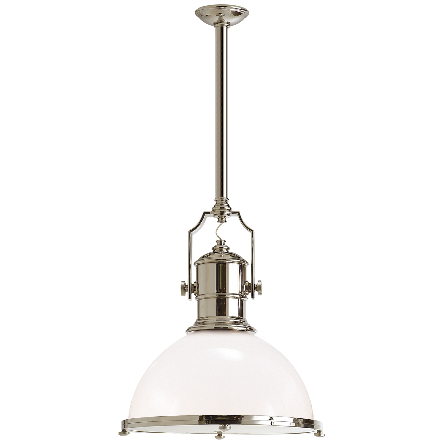 Country Industrial Large Pendant - Polished Nickel Finish White Glass