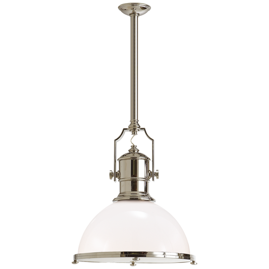 Country Industrial Large Pendant - Polished Nickel Finish White Glass