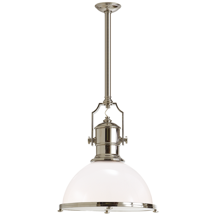 Country Industrial Large Pendant - Polished Nickel Finish White Glass