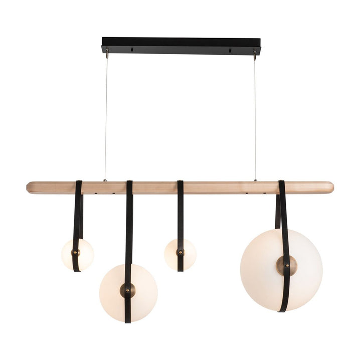 Derby 4-Light LED Linear Suspension - Antique Brass Finish Black Leather, Maple Wood