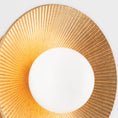 Load image into Gallery viewer, Emerald Wall Sconce in gold leaf finish with a white glass globe in the middle in detail
