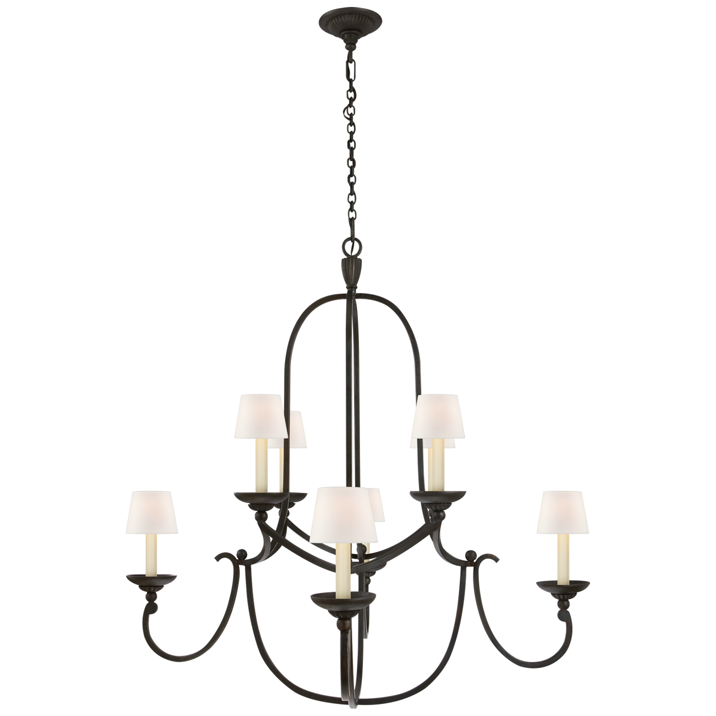 Flemish Medium Round Chandelier - Aged Iron Finish Linen Shade