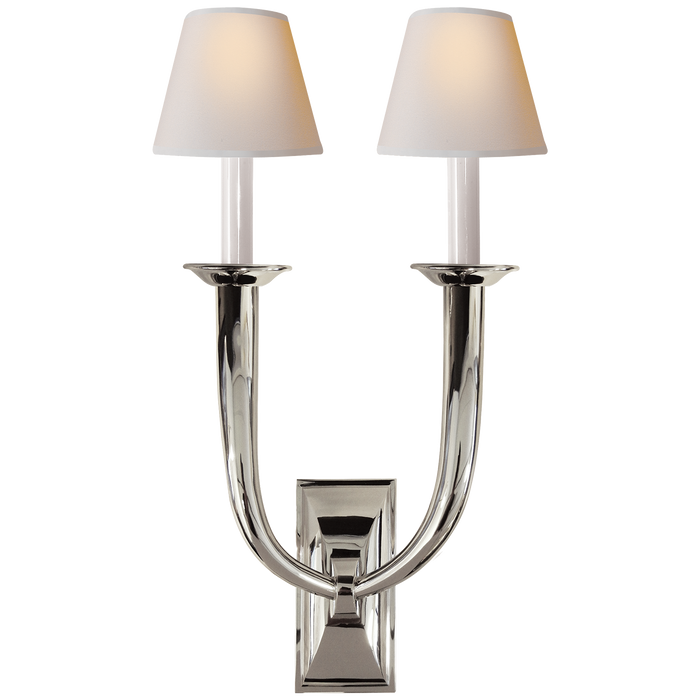 French Deco Horn Double Sconce - Polished Nickel Finish with Natural Paper Shades