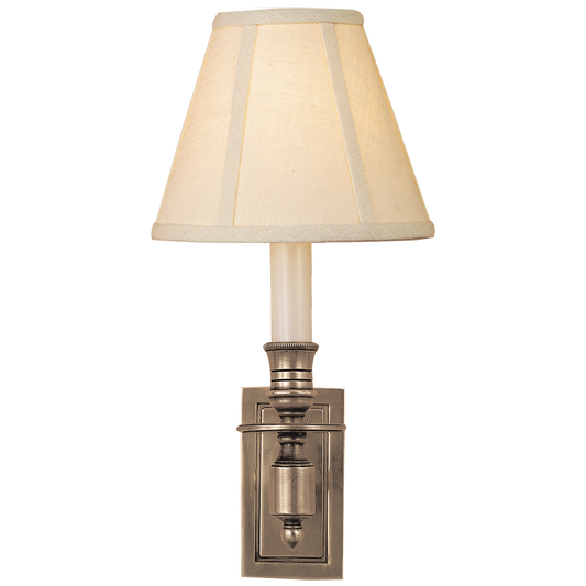 French Single Library Sconce - Antique Nickel Finish with Linen Shades