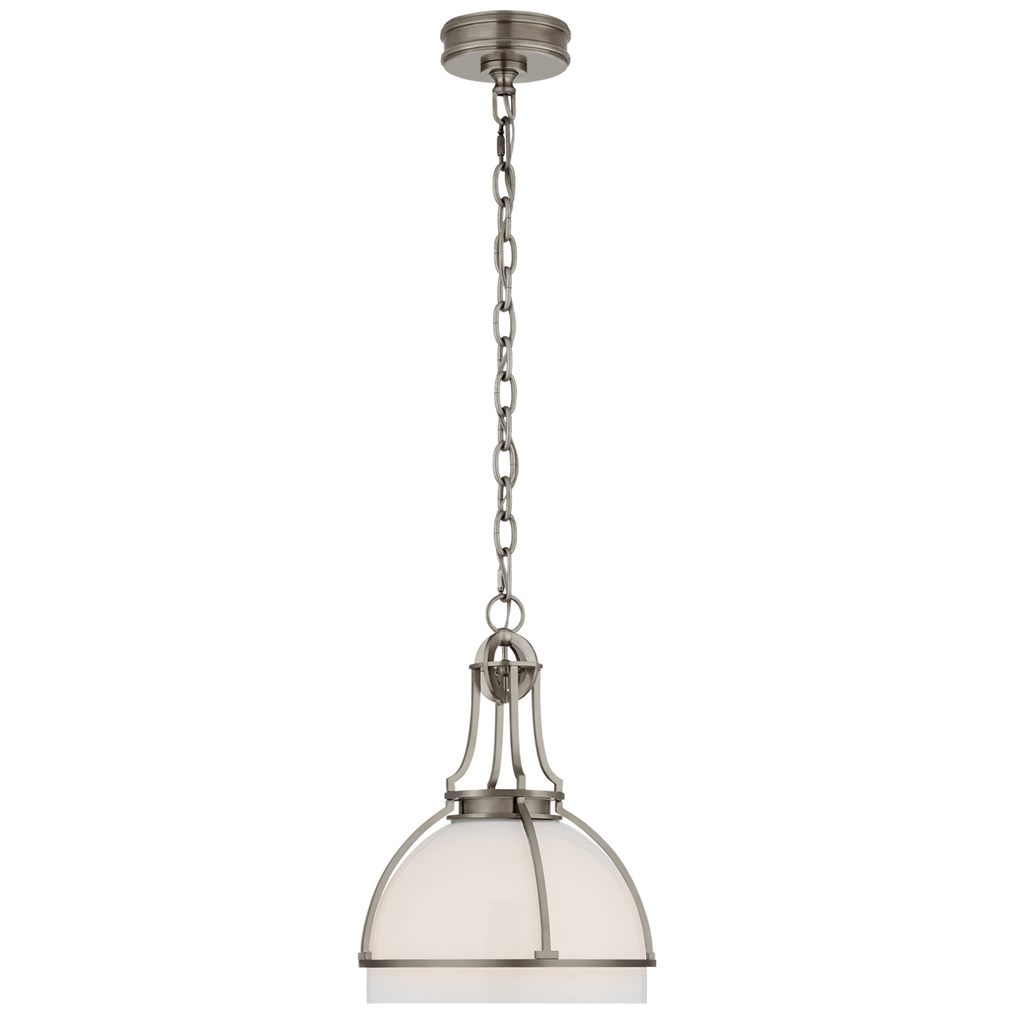 Gracie Medium Dome Pendant - Antique Nickel Finish with White Glass Shade