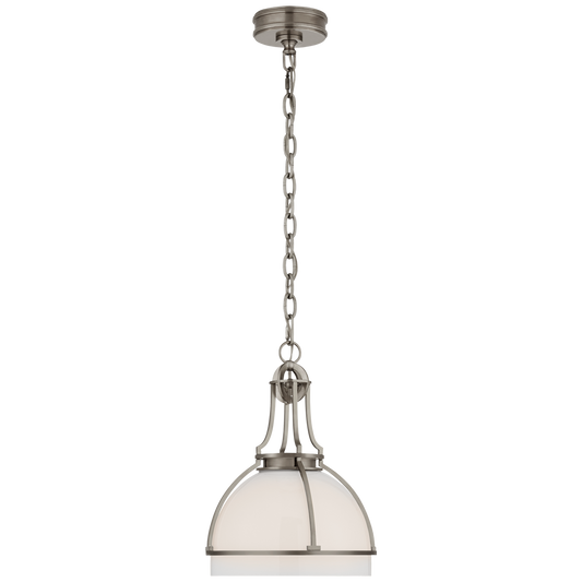 Gracie Medium Dome Pendant - Antique Nickel Finish with White Glass Shade