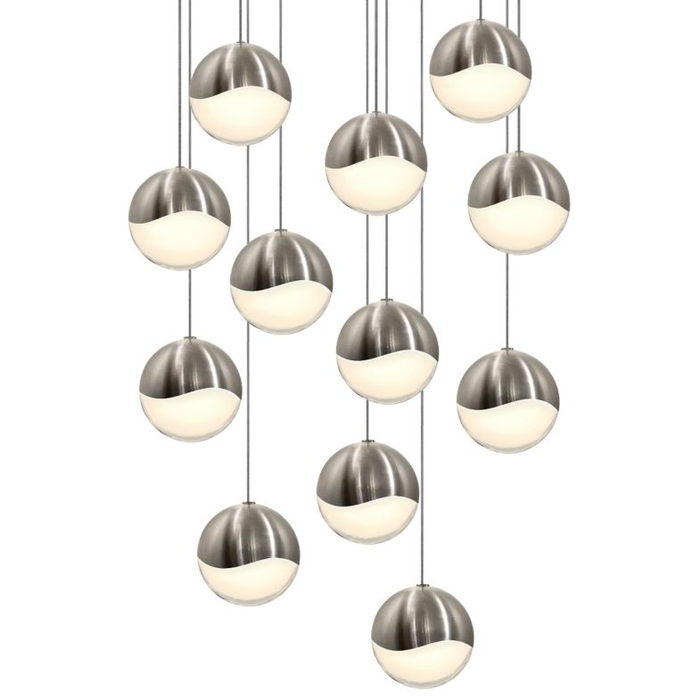 Grapes 12 Large Light LED Round Multipoint Chandelier - Satin Nickel Finish