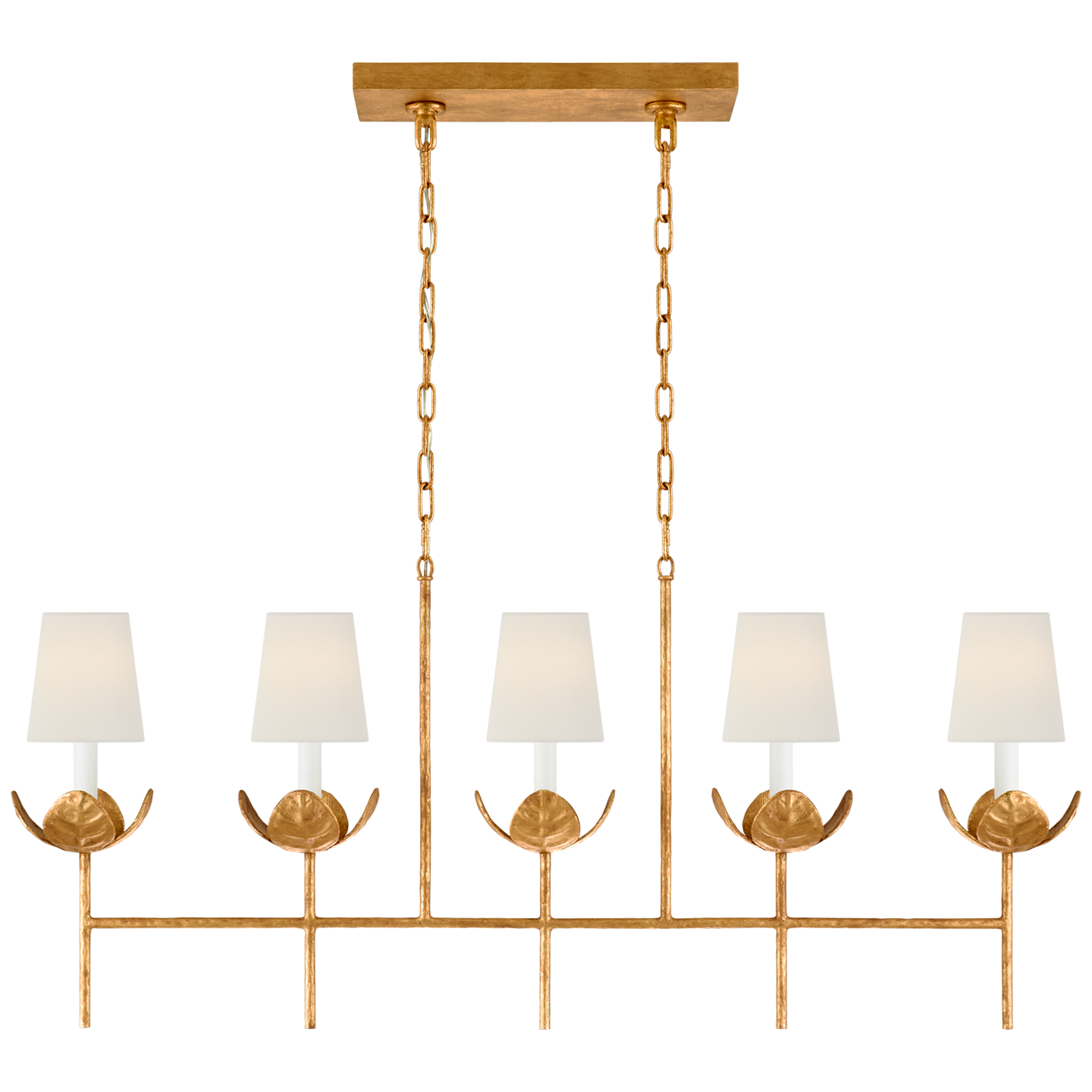 Illana Large Linear Chandelier - Antique Gold Leaf Finish with Linen Shades