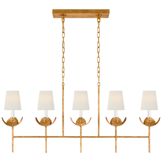 Illana Large Linear Chandelier - Antique Gold Leaf Finish with Linen Shades