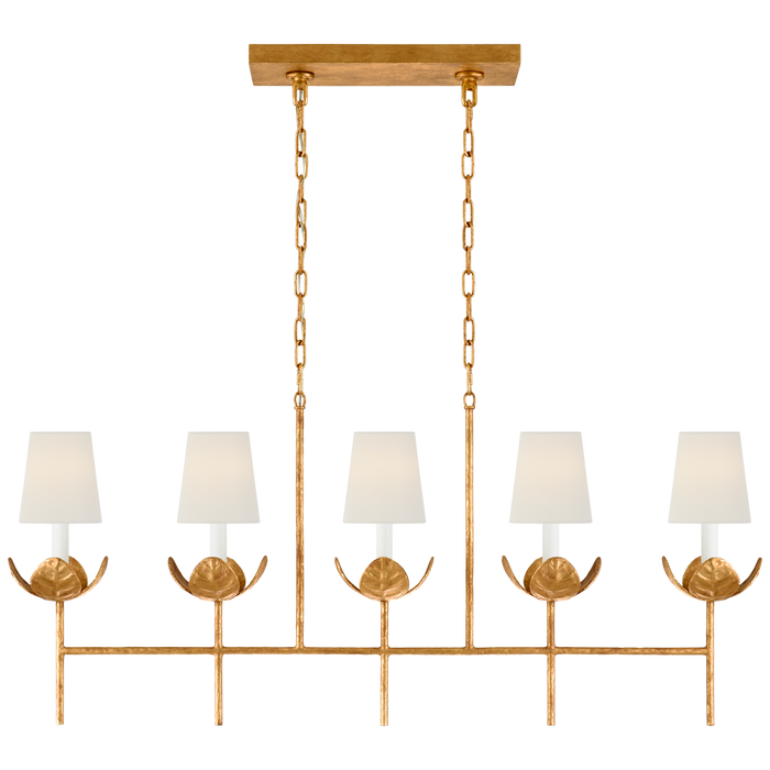 Illana Large Linear Chandelier - Antique Gold Leaf Finish with Linen Shades