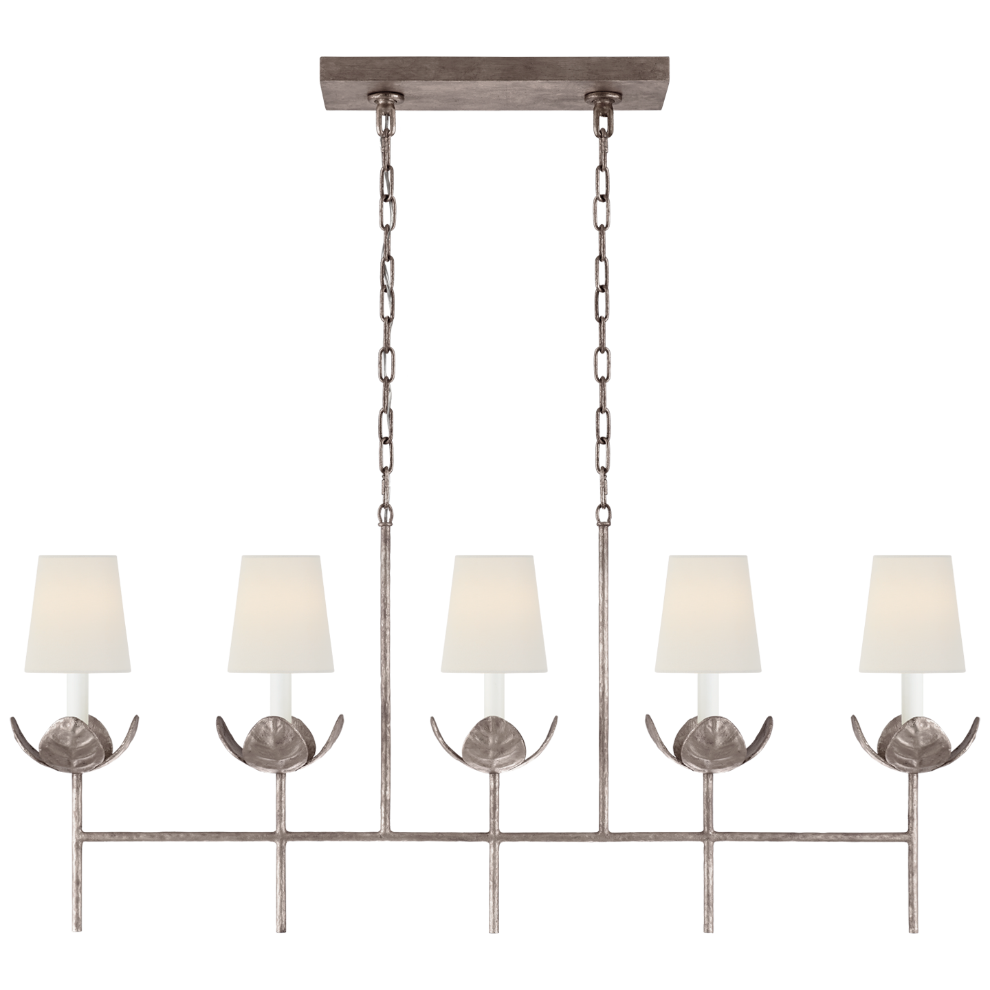 Illana Large Linear Chandelier - Burnished Silver Leaf Finish with Linen Shades