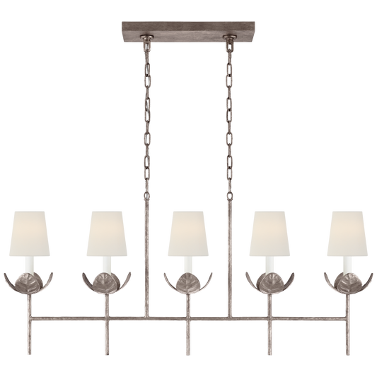 Illana Large Linear Chandelier - Burnished Silver Leaf Finish with Linen Shades