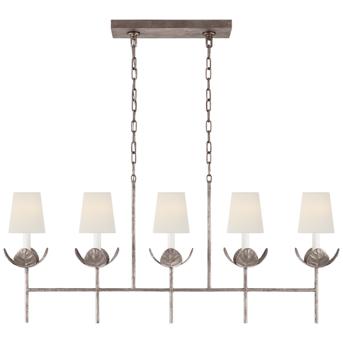 Illana Large Linear Chandelier - Burnished Silver Leaf Finish with Linen Shades