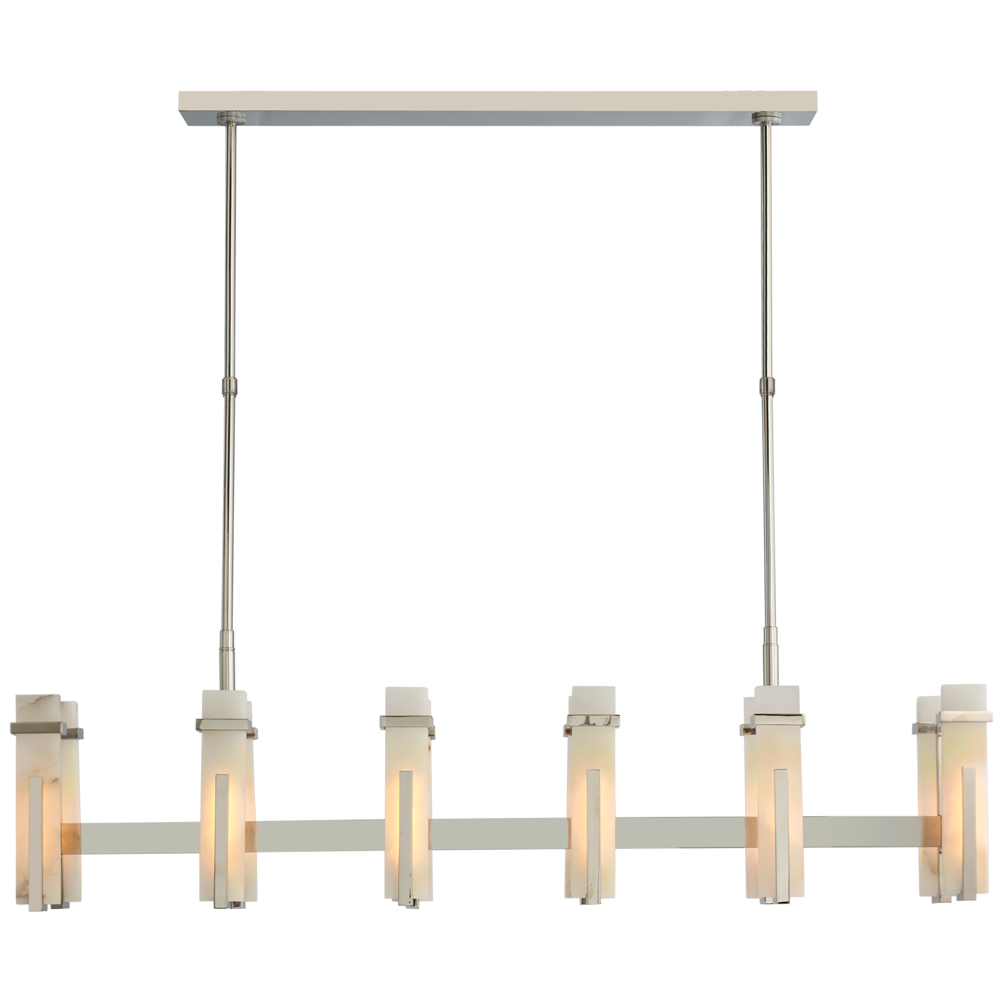 Malik Large Linear Chandelier - Polished Nickel Finish with Alabaster Shades