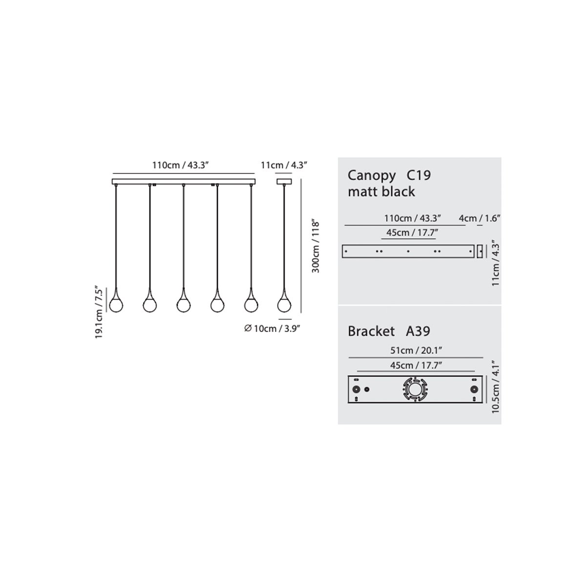 Paopao L5 LED Linear Multi Light Pendant - Diagram