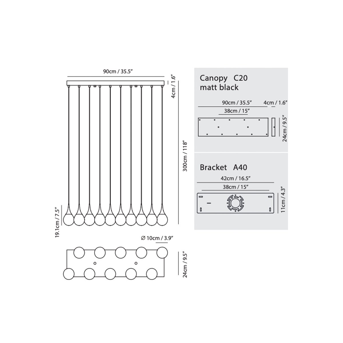 Paopao PZ10 LED Linear Multi Light Pendant - Diagram