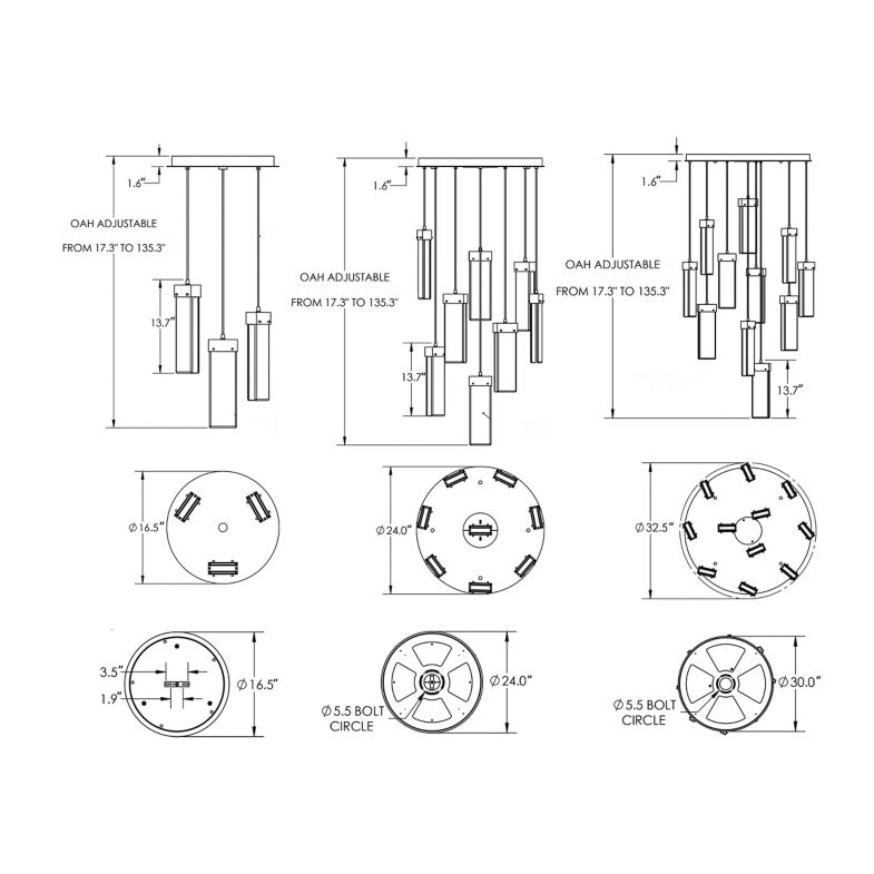 Parallel Glass Round LED Multipoint Pendant Light - Diagram