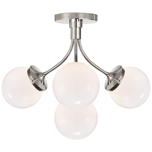 Prescott Medium Semi-Flush - Polished Nickel Finish with White Glass Globes