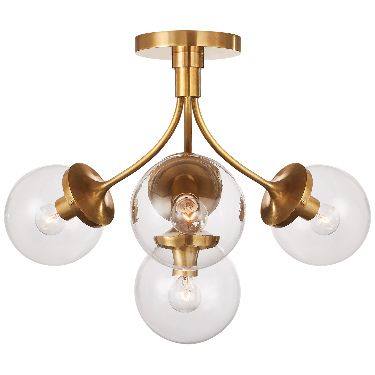 Prescott Medium Semi-Flush - Soft Brass Finish with Clear Glass Globes