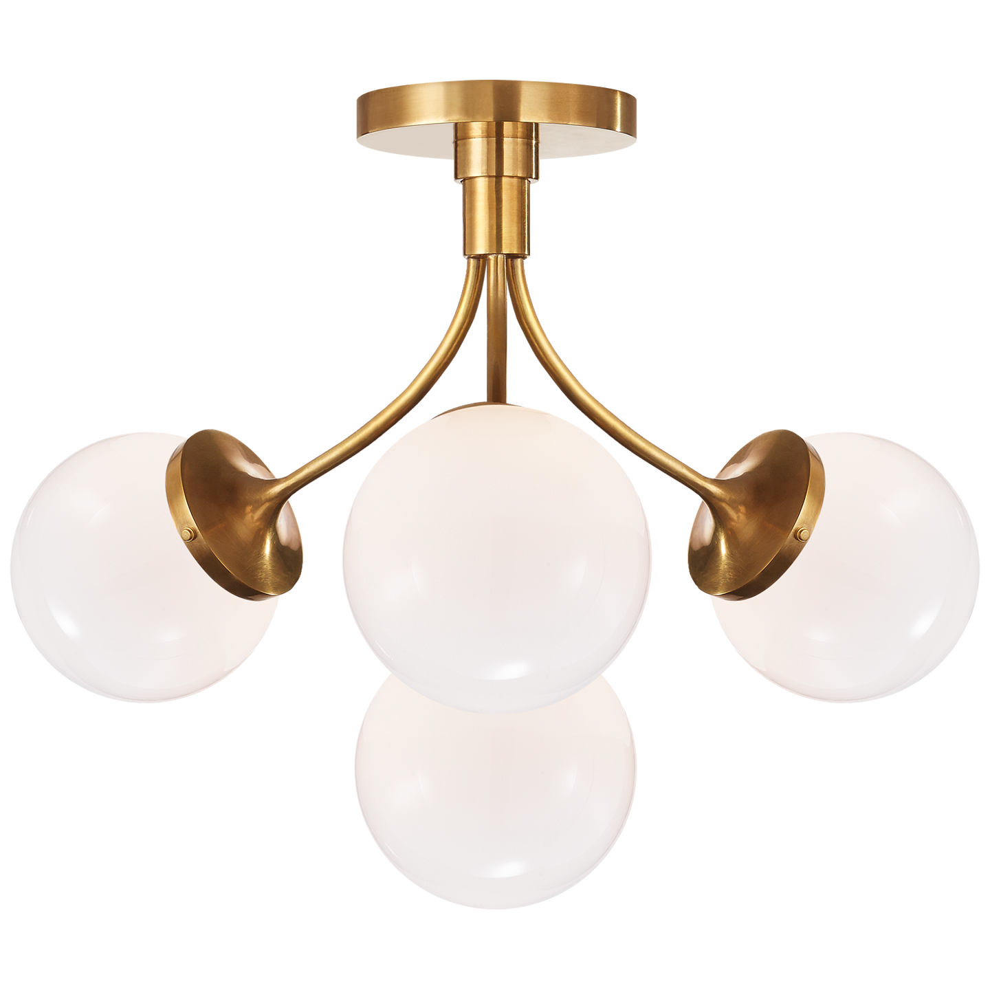 Prescott Medium Semi-Flush - Soft Brass Finish with White Glass Globes