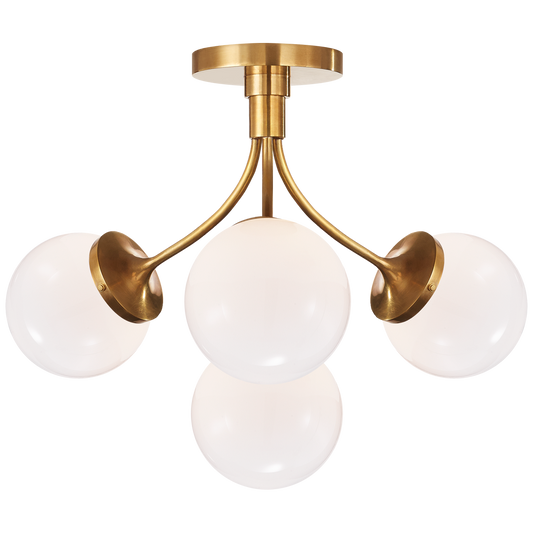 Prescott Medium Semi-Flush - Soft Brass Finish with White Glass Globes